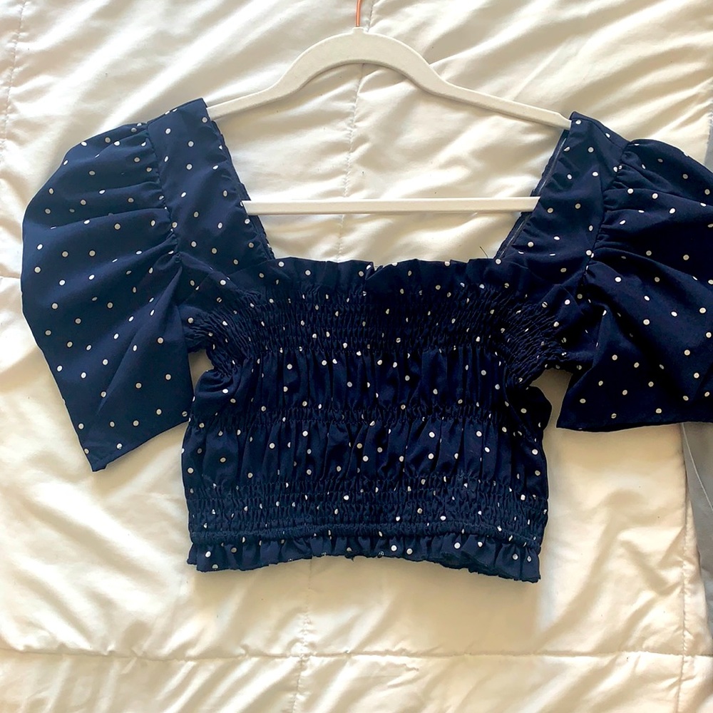 Mystique Botique small dark blue polka dot ruffled crop top